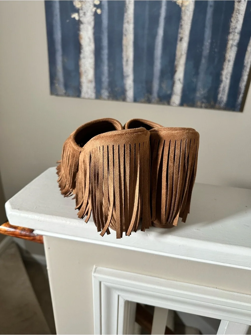 Fringe Platform Slide Sandals in Tan